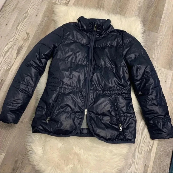 Banana Republic navy blue down double zip puffer quilted jacket sz m 8/10 - Picture 1 of 12